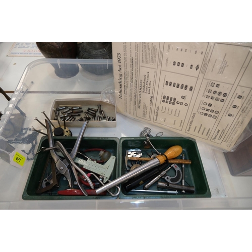 671 - Box of tools for watchmaking and jewellery making, to include:- Moe type diamond gauge, ring stick a... 