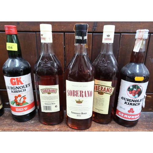 804 - Three 1000ml bottles of Soberano Solera and two other bottles