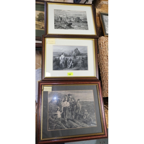 814 - Three framed and glazed antique etchings 'Going Home', 'Caernarvon Castle' and 'Victorian Outing'