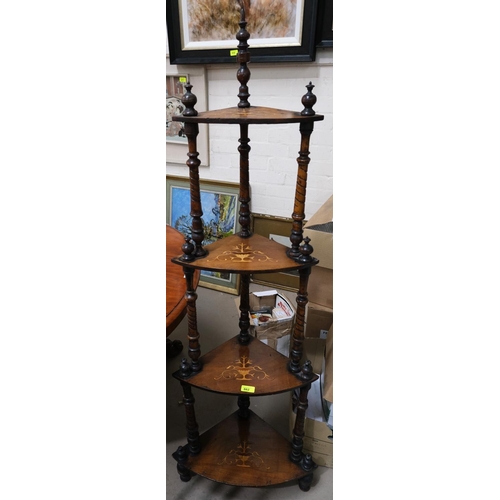 862 - A late Victorian walnut 3 tier corner whatnot, graduating shelves with inlaid decoration, 105cm tall