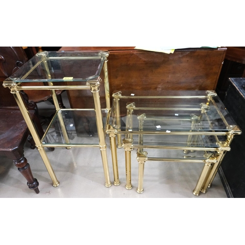 873 - A nest of gilt metal and glass coffee tables and a matching two height What-Not.