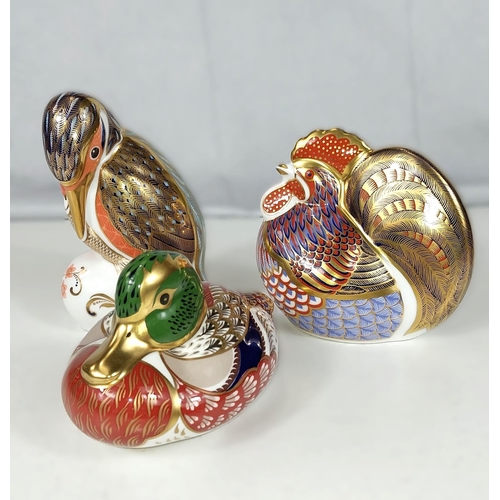 539A - Royal Crown Derby Paperweights: Three bird figures, Kingfisher, Duck and Rooster