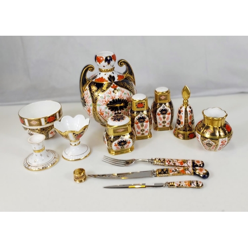 545 - 7 pieces of Royal Crown Derby, including a Salt & Pepper, and a Mustard; a table bell; 2 small v... 