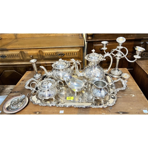 649 - A large rectangular silver plated tray; an ? 4 piece silver-plated tea and coffee set.