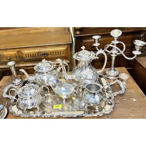 649 - A large rectangular silver plated tray; an ? 4 piece silver-plated tea and coffee set.