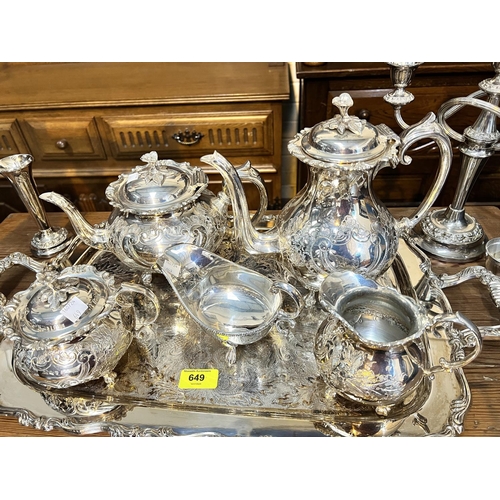 649 - A large rectangular silver plated tray; an ? 4 piece silver-plated tea and coffee set.