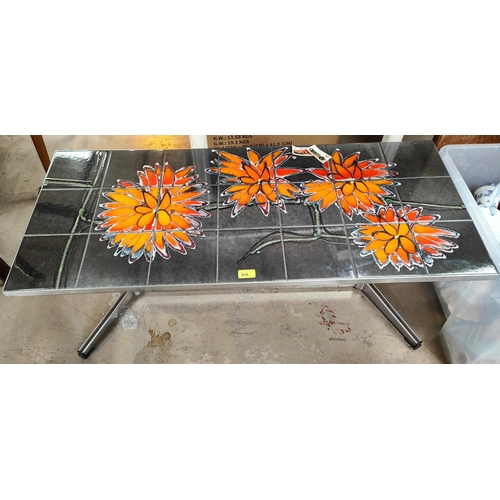 950 - An ADRI 1970's tile top chrome coffee table with trestle base, abstract floral design, 108 x 46 x 41... 