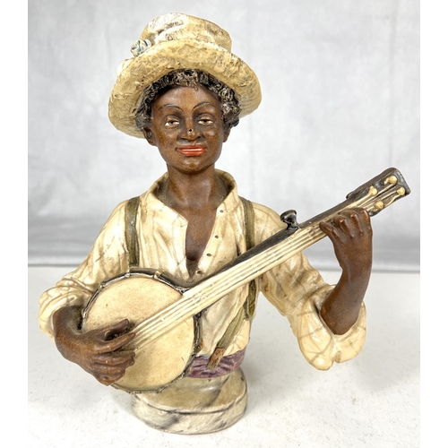 643A - A porcelain bust by Goldscheider of a man playing the banjo, height 21cm