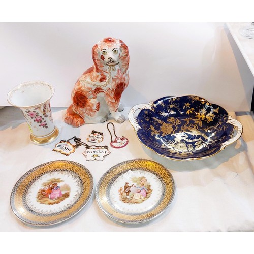 632 - Three enamel alcohol labels, a Coalport blue and gilt dessert dish and a Staffordshire type dog figu... 