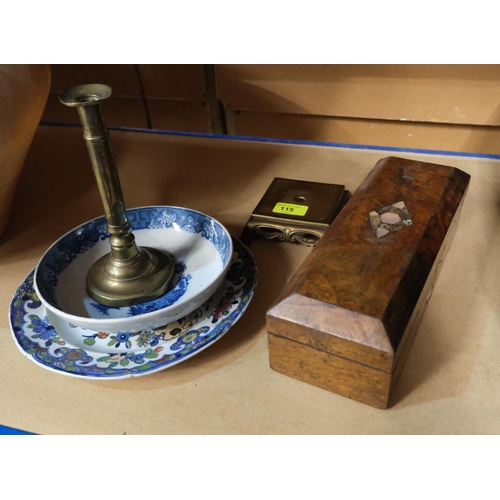 115 - A burr walnut box box; brass candlestick; blue and white dishes etc.