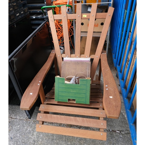 66 - An unusual teak framed and slatted deck chair, wooden boxes, vintage camera etc