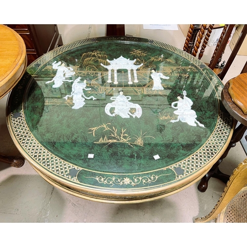 1014 - A Chinese green lacquer coffee table with dancing ladies on the top 