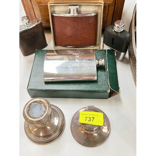 737 - 4 hip flasks, a hallmarked silver weighted dwarf candlestick, a hallmarked silver ink pot, 3 boxes w... 