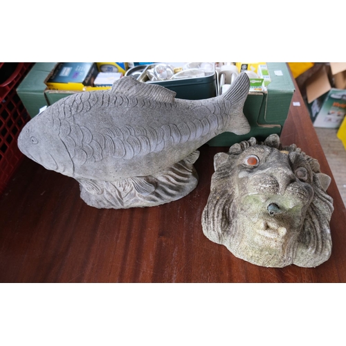 12 - A garden lion/fountainhead; a reconstituted stone carp.