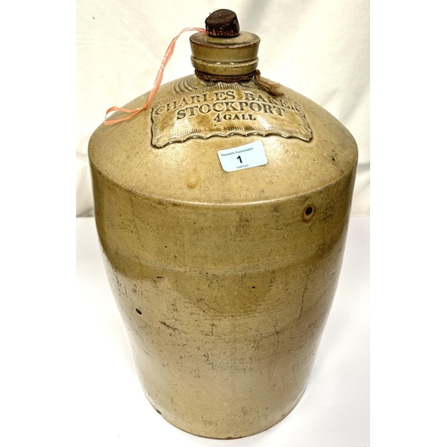 1 - Charles Baker Stockport four gallon stone ware beer barrel with stopper.