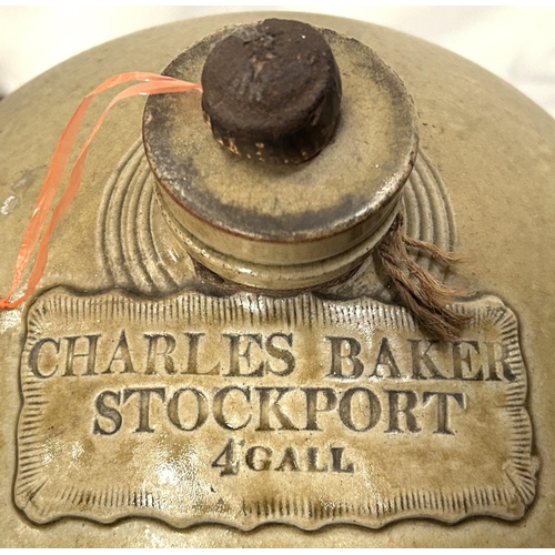 1 - Charles Baker Stockport four gallon stone ware beer barrel with stopper.