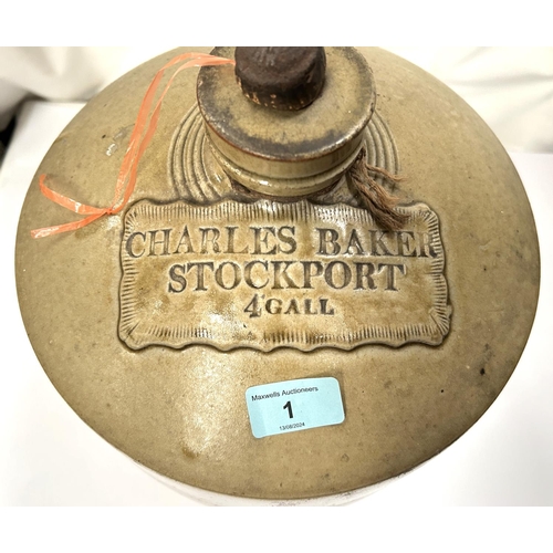 1 - Charles Baker Stockport four gallon stone ware beer barrel with stopper.