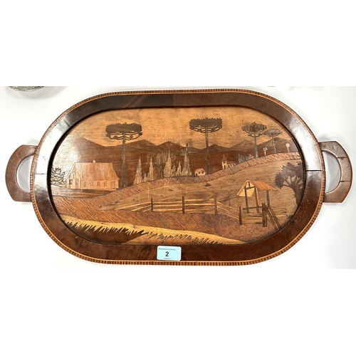 2 - An Arts & Crafts continental parquetry ware inlaid oval tray with country scene and a selection ... 