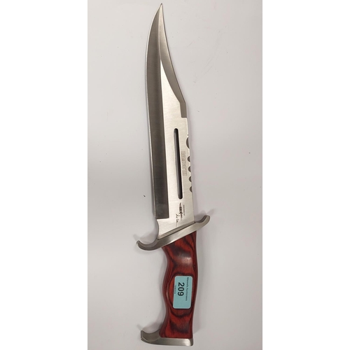 209 - A Hibben Knives 'Rambo III' Bowie knife with polished wooden handle, blade length 28cm with tan colo... 