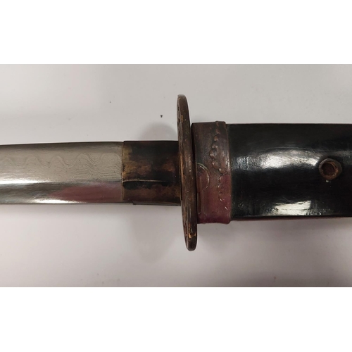 231 - A JAPANESE short sword or Tachi, the heavy steel blade finely watered, incised marks to the tang, la... 