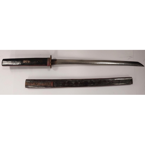 231 - A JAPANESE short sword or Tachi, the heavy steel blade finely watered, incised marks to the tang, la... 