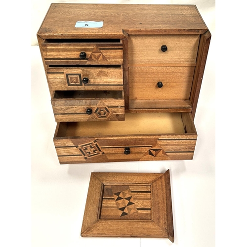 5 - A marquetry inlaid small cabinet with drawers, lift up compartment etc.