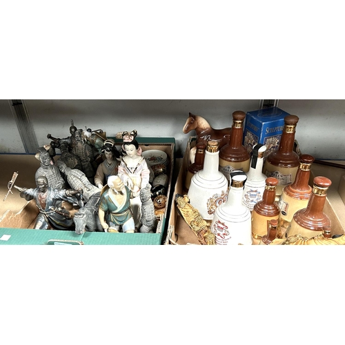 55 - A collection of modern Chinese figures etc, and Bell whiskey decanters etc (opened).