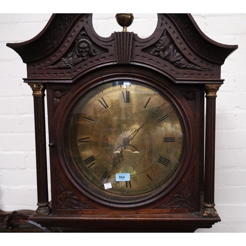 904 - A late 18th Century/early 19th Century carved oak longcase clock with swan neck pediment, ball finia... 