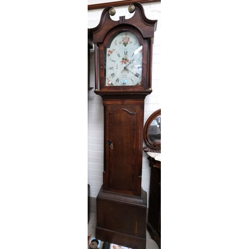 905 - An early 19th Century oak longcase clock with mahogany cross banding, the hood, with swan neck pedim... 