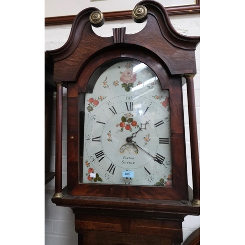 905 - An early 19th Century oak longcase clock with mahogany cross banding, the hood, with swan neck pedim... 