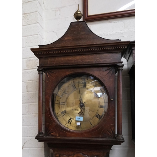 906 - An 18th Century oak longcase clock, the hood with pagoda pediment and turned pillars, full length do... 