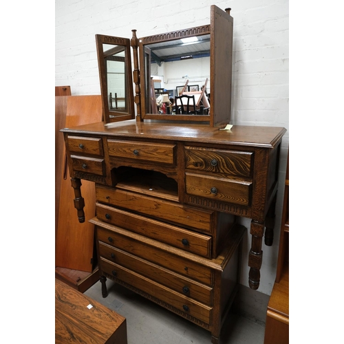 963 - A golden oak chest of five drawers, stepped top, two drawers, 108 x 107cm + A golden oak dressing ta... 