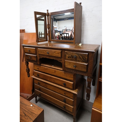 963 - A golden oak chest of five drawers, stepped top, two drawers, 108 x 107cm + A golden oak dressing ta... 