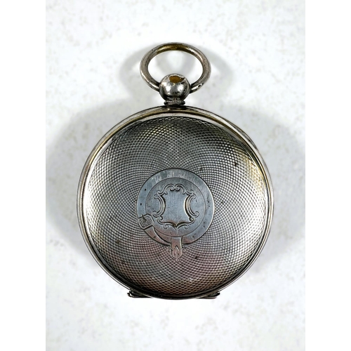 107 - A silver cased open faced key wound pocket watch; military cap badges, jewellery etc.