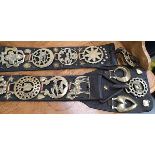 140 - Two large Victorian shire horse Martingale/leather straps set with interesting variety of horse bras... 