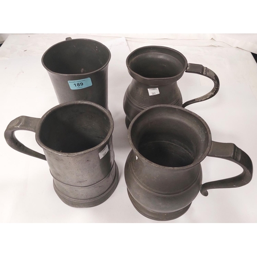 189 - Four 19th century Quart and similar pewter tankards, some stamped and monogramed etc