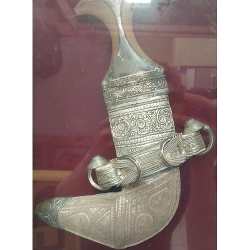 219 - A white metal Omani Khanjar with Curul steel blade, horn effect handle in sealed presentation frame ... 