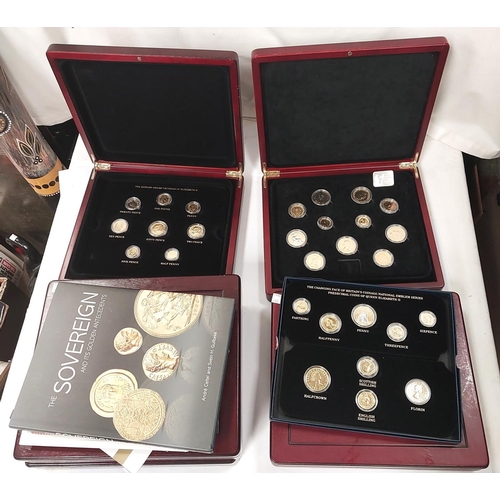 245 - GUERNSEY - £5 silver proof 2011; a collection of GB pre-decimal gold-plated coins displayed in five ... 