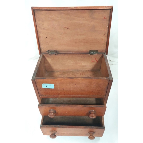 27 - A mahogany apprentice chest, two height, width 27cm; a cast iron oil lamp with brass reservoir.