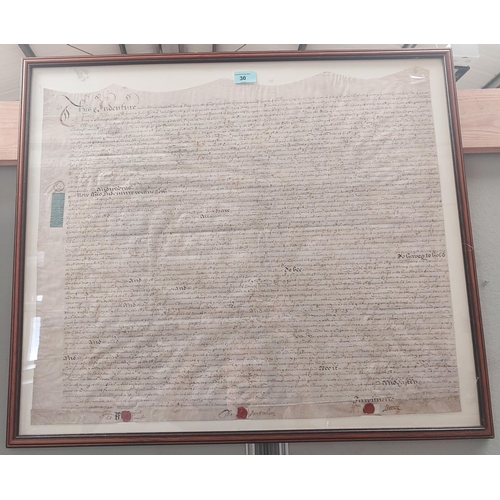 30 - A framed and sealed vellum document with lengthy written passage and other pictures and prints.