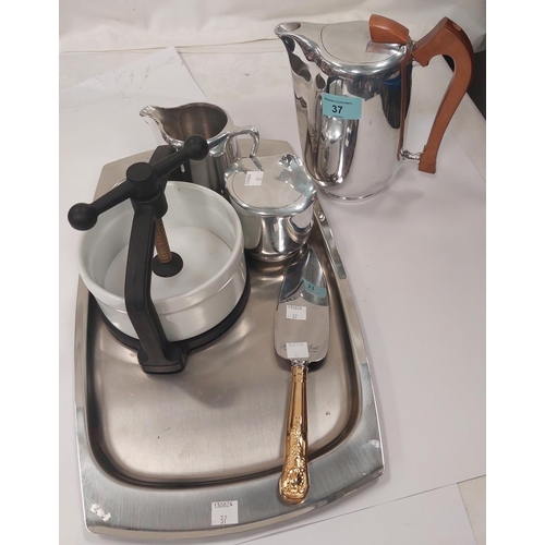 37 - A Piquot 3 piece coffee service; a stainless steel tray and a Tung Press.