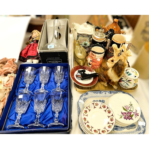 401 - A Royal Worcester wine carafe, boxed glassware, other class and china.