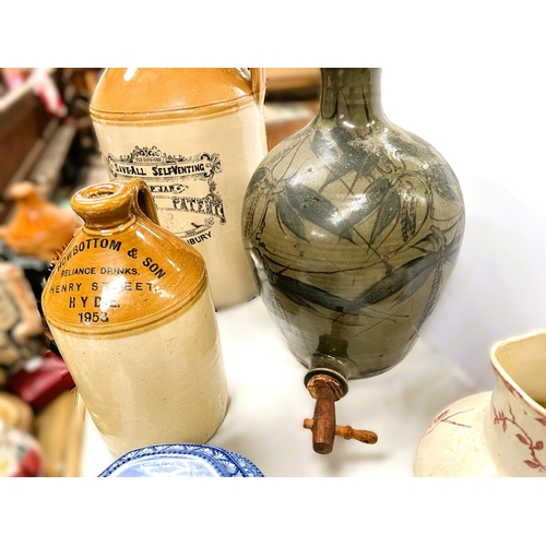 402 - A large vintage stone ware Save-all Taylors Taylors patent jug, another smaller Rowbottom Hyde, a Ri... 