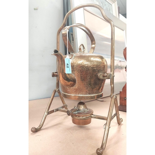 42 - BRASS KETTLE AND STAND - German Arts and Crafts, stamped GBN, 35cm high.