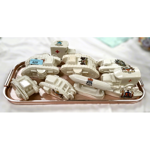 425 - WWI crested china models, eight to include a Zeppelin, two ambulances, Torpedo boat Destroyer and fi... 