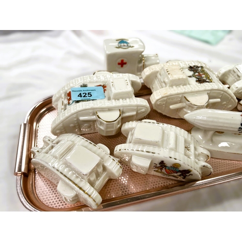 425 - WWI crested china models, eight to include a Zeppelin, two ambulances, Torpedo boat Destroyer and fi... 