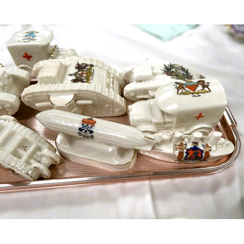 425 - WWI crested china models, eight to include a Zeppelin, two ambulances, Torpedo boat Destroyer and fi... 