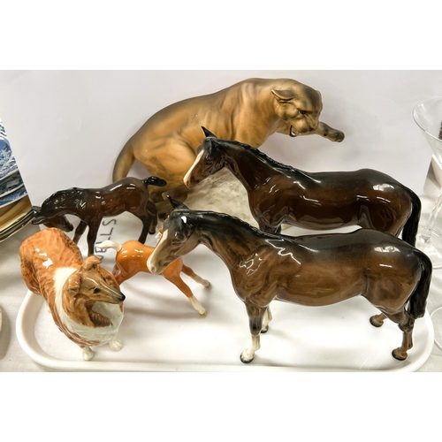 431 - BESWICK - a colour bisque figure of a lioness, a dog LOCHINVAR and four horse figures (some minor da... 