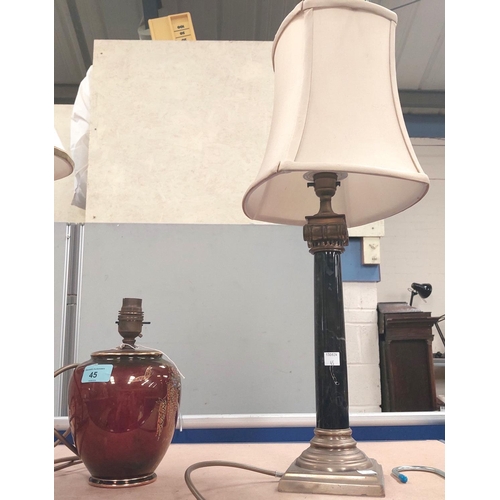 45 - A Crown Devon 1930's red lustre table lamp; a marble table lamp and three others.