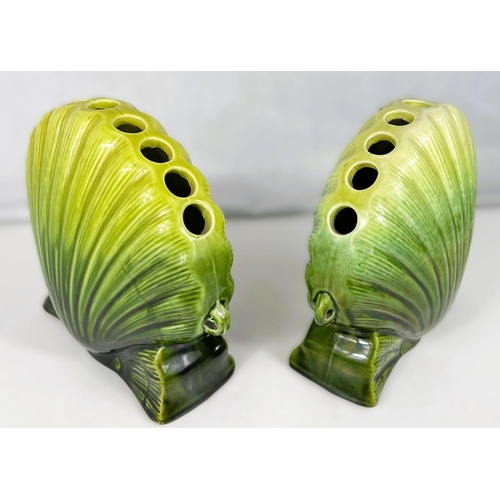 537 - Ault Art Pottery: A near matching pair of scallop shell shaped vases with shaded green glaze each wi... 